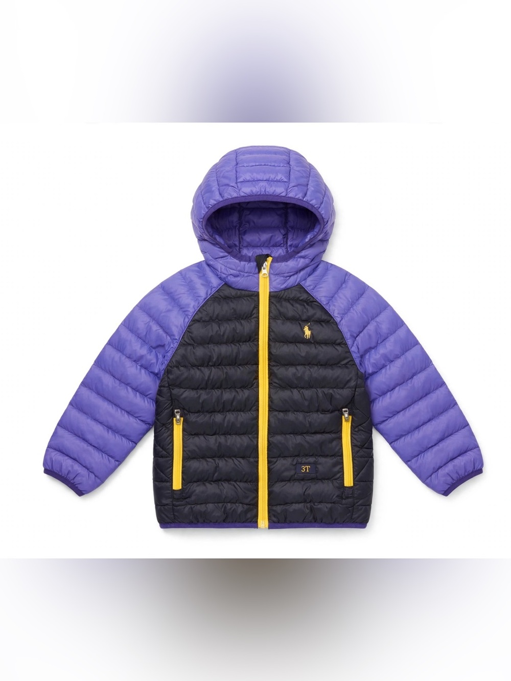 Polo by Ralph Lauren Purple & Black Hooded Puffer Jacket with Yellow Trim